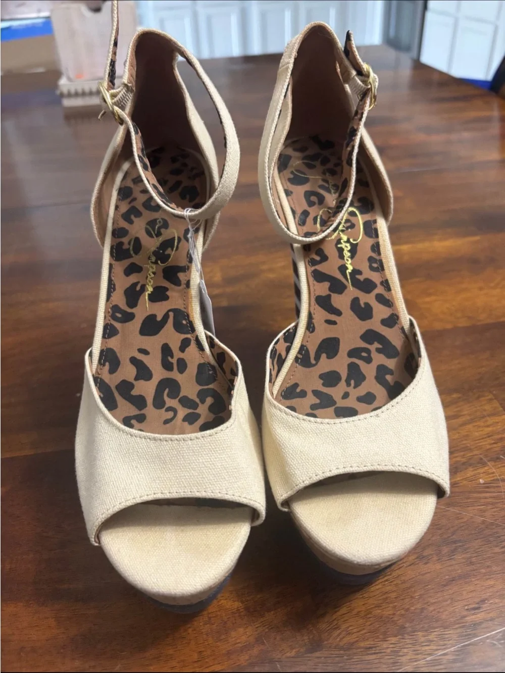 Jessica Simpson Beige Ankle-Strap Wedge Sandals with Leopard Insole